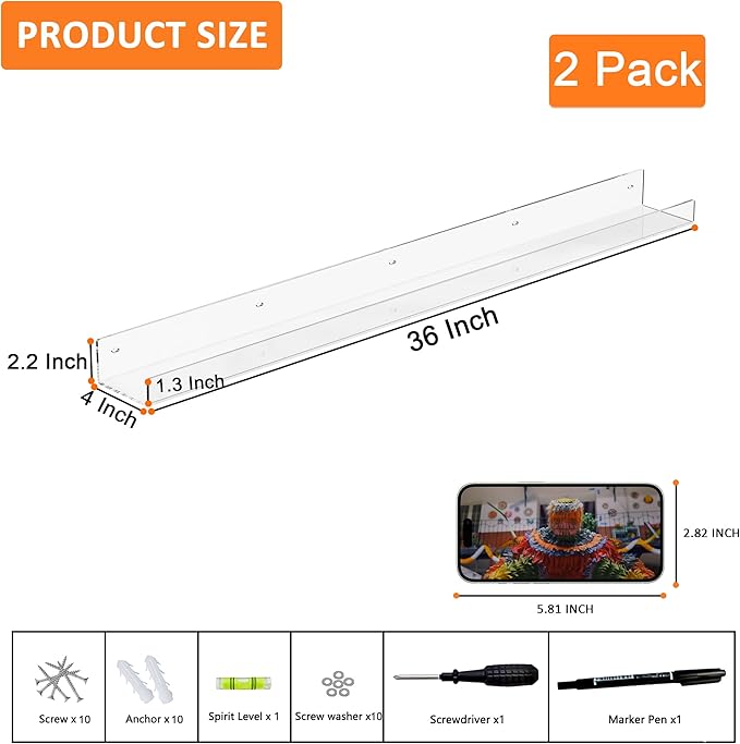 36'' Clear Acrylic Wall Long Shelf 2 Pack, Acrylic Floating Book Shelves, Wall Mounting Invisible Ledge Book Shelf-NeatNest