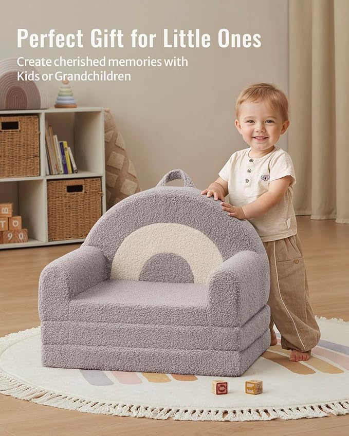 Blissful Diary Foldable Toddler Couch, 2-in-1 Comfy Toddler Chair & Lounger for Reading, Nap, Playroom, Kids Couch Sofa for 1 2 3+ Year Old Girls Boys Birthday Gift, Light Gray Arclet-NeatNest