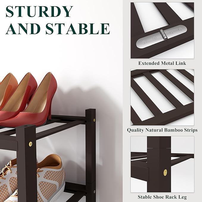 Smiry Shoe Rack, 2 Tier Bamboo Shoe Organizer, Stackable Free Standing Wooden Shoe Storage Shelf for Closet, Entryway, Front Door Entrance, Brown-NeatNest