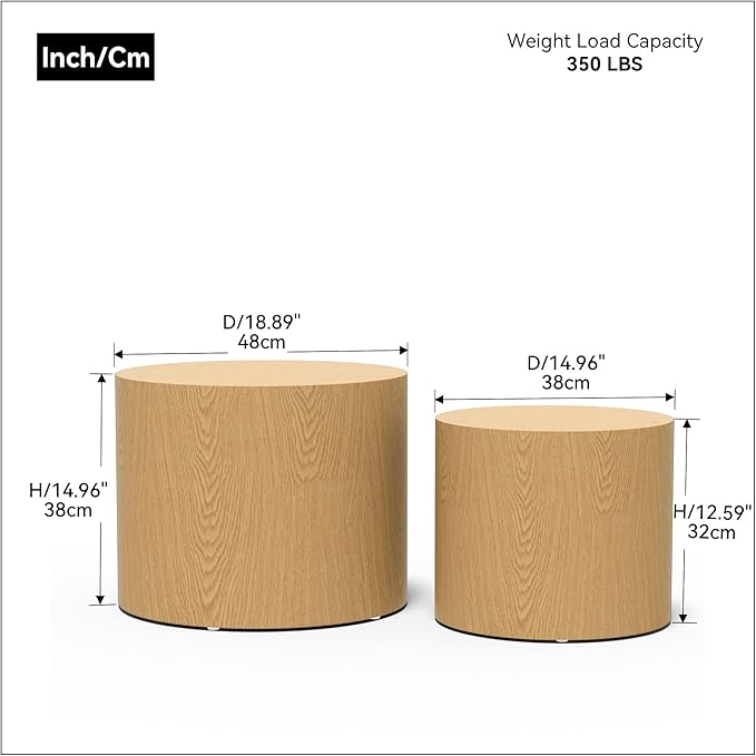 Nesting Coffee Table Set of 2, Round Side Tables Set, Wooden Accent Table, Modern End Tables, Minimalist Circle Table for Small Space Living Room Bedroom, Oak
