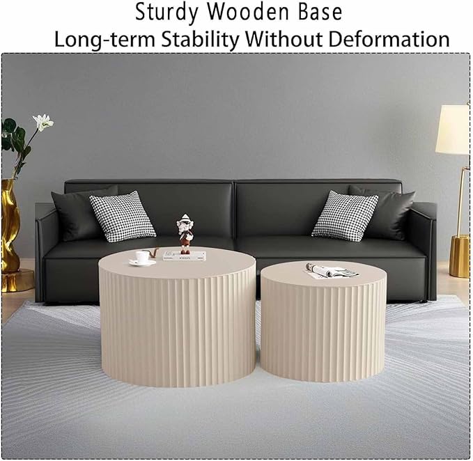 Modern Round Nesting Coffee Table Set of 2, Vertical Stripe Design Drum Coffee Table Cocktail Table, Round Side Table for Living Room, Bedroom, Office, Balcony (E19.7+27.6")