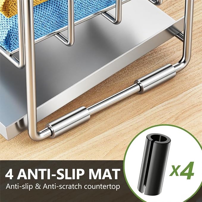 Cisily Silver 2-Tier Kitchen Sink Caddy Organzier Rack with Flexible Dish Brush Holder, Sponge Holder for Kitchen Sink Countertop Organization Storage,Home Decor Stainless Steel-NeatNest