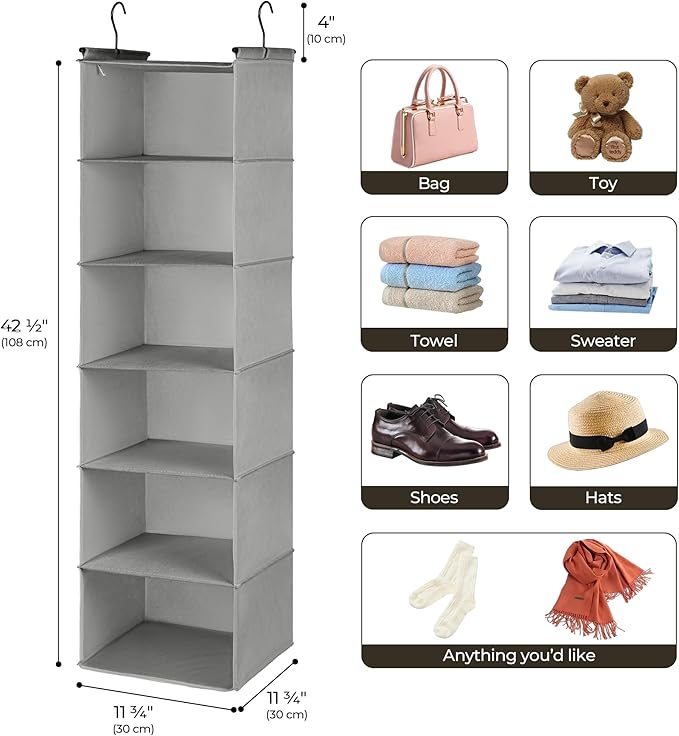 GRANNY SAYS 6 Shelf Hanging Closet Organizers and Storage, Collapsible Closet Hanging Organizer with 2 Sturdy Hooks, Large Hanging Shelves for Kids Baby Clothing Organizer, Ash Gray-NeatNest