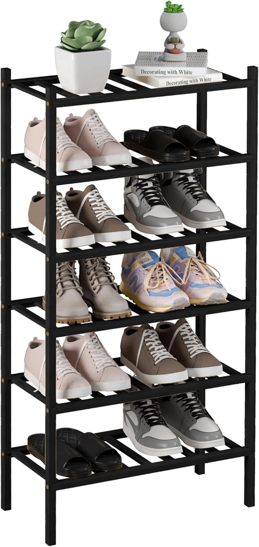 6-Tier Bamboo Small Shoe Rack, Free Standing Wood Shoe Shelf Storage Organizer for Closet Entryway Stackable (Black)-NeatNest