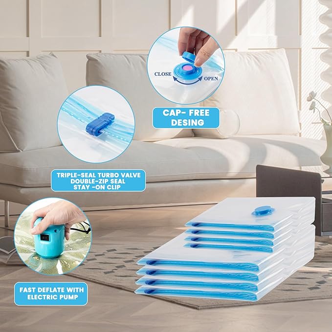 Vacuum Storage Bags with Electric Air Pump,24 Pack (12 Medium,12 Small Bags) Zip Seal Space Saver Bag for Travel Clothes,Blanket,Duvets,Pillows,Comforters-NeatNest