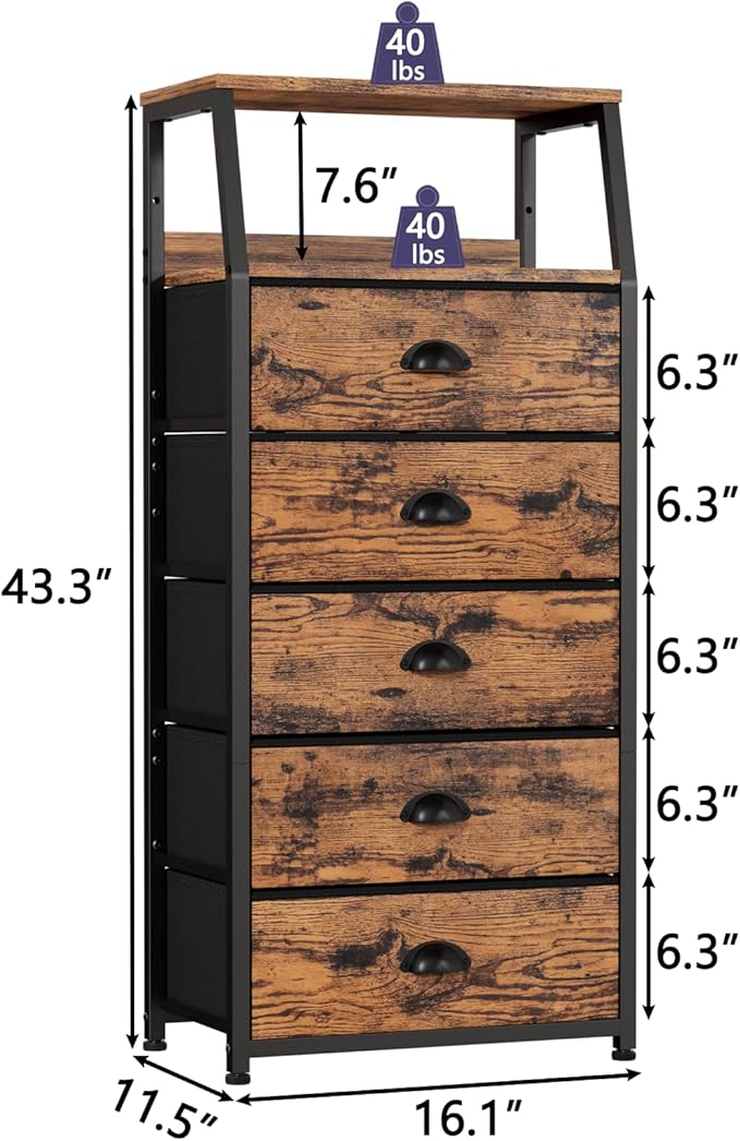 Furnulem Tall 5 Drawers Dresser, Vertical Storage Tower Fabric Dresser for Bedroom, Hallway, Entryway, Nursery, Closet Organizer, Nightstand Bedside Table Furniture, Sturdy Steel Frame, Wood Top-NeatNest