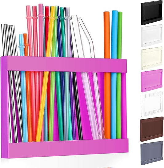 Acrylic Straw Holder for Cabinet Door with Double Sided Adhesive Tape Reusable Straw Organizer Tumbler Storage Kitchen Accessories Container for Counter Cupboard(Classic,Large,Hot Pink)