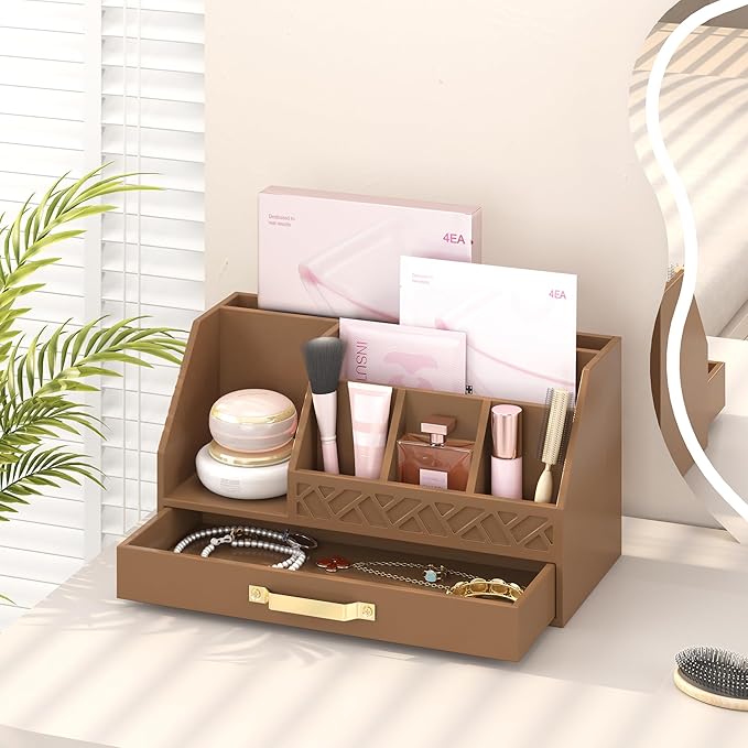 Bamboo Desk Organizer with Drawers, Mail Organizer Countertop Wood Desk Drawer Tabletop Storage Organization Pen Holder Letter Sorter Makeup Organizer for School Home Office (Brown)-NeatNest