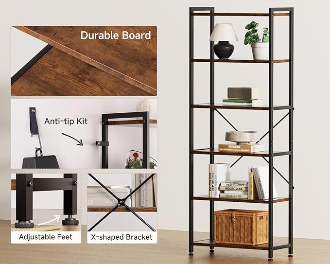 Casaottima Book Shelf, 6 Tier Tall Bookshelf, Modern Wood Bookcase Shelves for Bedroom, Industrial Display Shelf for Living Room Home Office Kitchen, Standing Shelving Unit Storage Organizer, Vintage-NeatNest