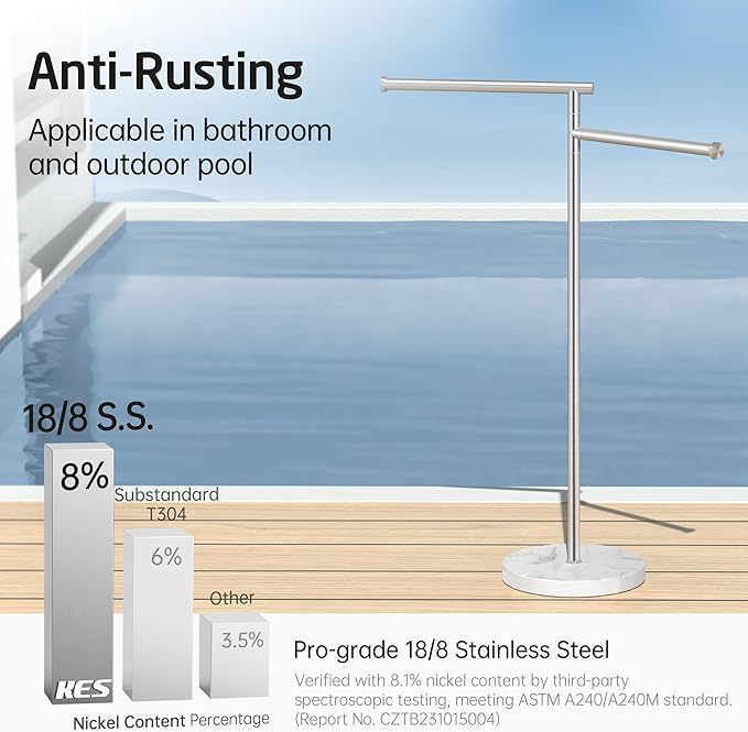 KES Standing Towel Racks for Bathroom Floor, Freestanding Swivel Standing 2 Arms Bath Towel Racks with Weighted Marble Base, SUS304 Stainless Steel Brushed Finish, BTH219S2-2