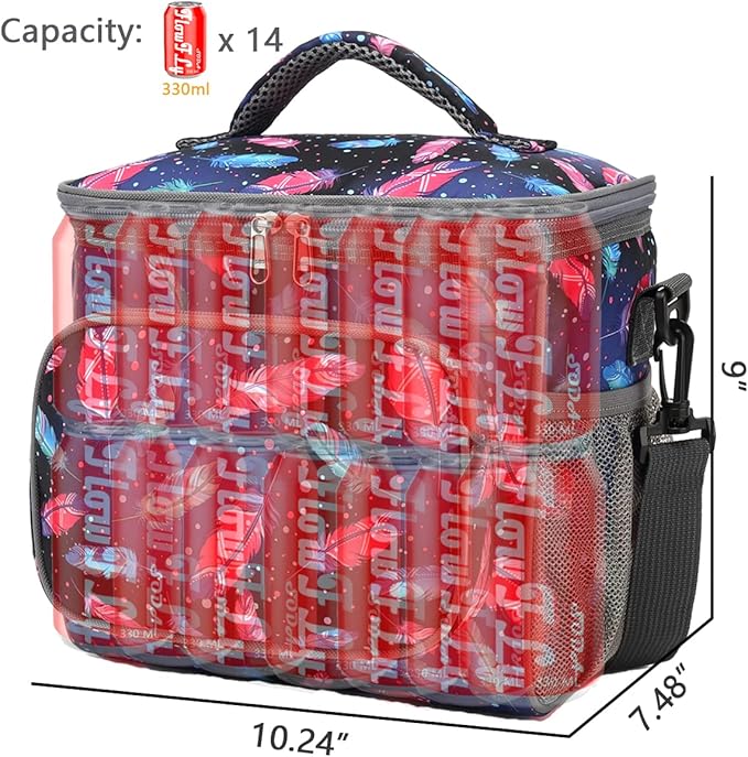 FlowFly Insulated Reusable Lunch Bag Adult Large Lunch Box for Women and Men with Adjustable Shoulder Strap,Front Zipper Pocket and Dual Large Mesh Side Pockets,Feather-NeatNest