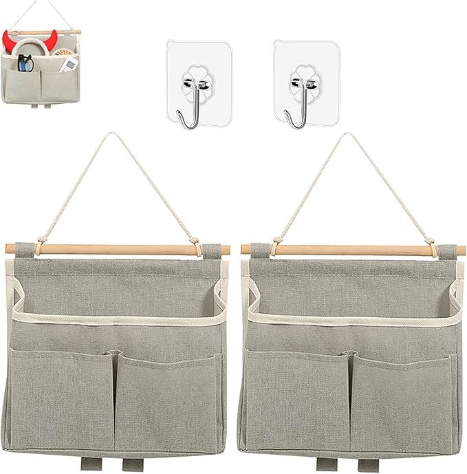 2Pcs Wall Hanging Storage Caddy Bag,Over Door Hanging Storage Bags Wall Mount Hangable Organizer，File Magazine Waterproof Linen Cotton Fabric Living Room Bedroom Bathroom (Grey)…-NeatNest