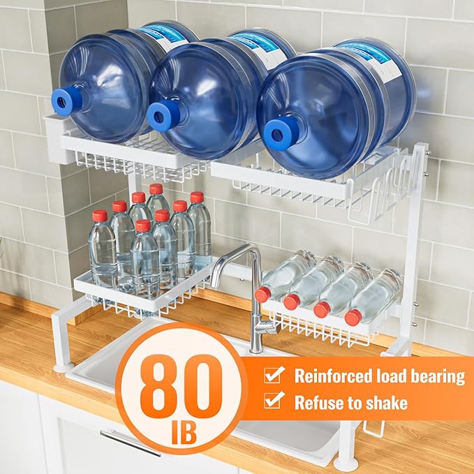 YKLSLH Over Sink Dish Drying Rack, Expandable Large Drying Rack, Suitable for Most Sinks (24.8"-35.4"), Adjustable Metal Rack, Space Saving, White