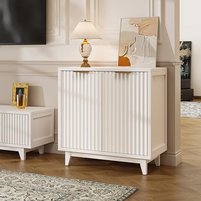 Fluted Cabinet with Storage, 2 Doors Sideboard Buffet, Mid Century Modern Accent Cabinet with Adjustable Shelves, Multifunctional Console Table with Storage for Living Room, Kitchen, Entryway
