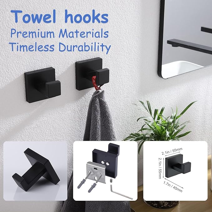 10-Pieces Towel Bar Set Matte Black Bathroom Hardware Set SUS304 Bathroom Accessories Set Includes 2 Towel Bar 24 in+2 Towel Holder+2Toilet Paper Holder+4 Towel Hooks(10, Matte Black, 24 Inch)