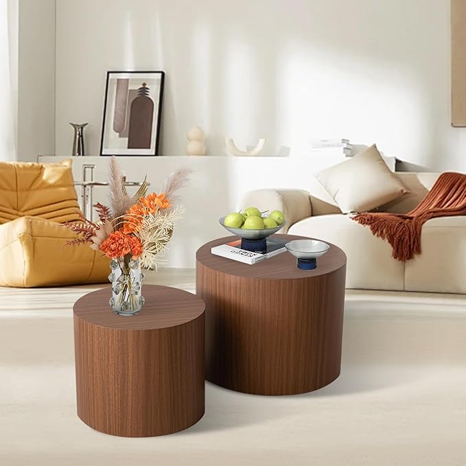 Round Nesting Coffee Table Set of 2 Modern Wooden Drum Coffee and End Table Sets Rustic Small Side Tables Circle Accent Center Tables for Living Room Apartment,No Assembly,Dark Wood