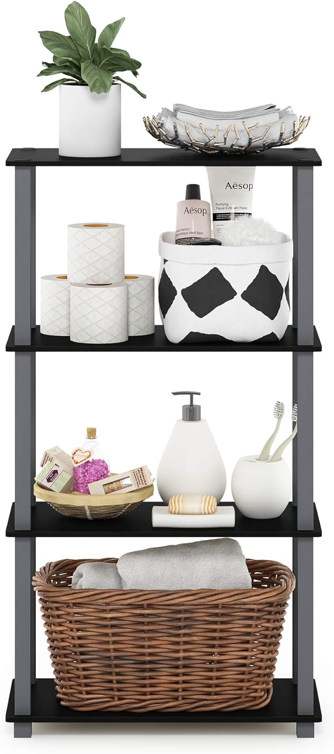 Furinno Turn-N-Tube 4-Tier Multipurpose Shelf Display Rack, Square Tube, Black/Grey-NeatNest