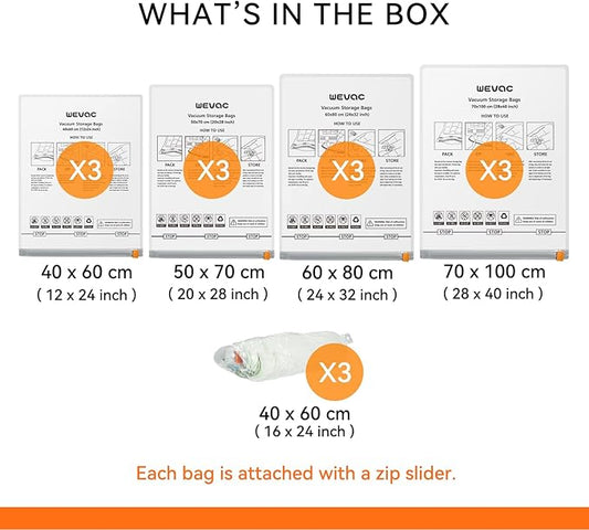 [2024 NEW] 15 Pack Vacuum Storage Bags (3 Jumbo/3 Large/3 Medium/3 Small/3 Roll) | Space Saver | Rapid Vacuum | Double Zip Seal | Clip Stopper | Ideal for Clothes, Blankets Compression and Travelling-NeatNest