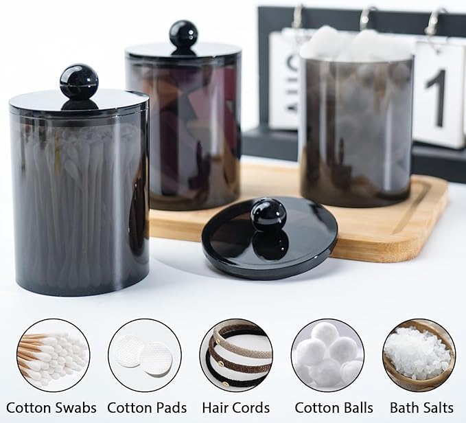 6 PACK Qtip Holder-10 oz, 12 oz, Qtip Holder Dispenser for Bathroom Canister Storage Organization, Vanity Makeup Organizer, for Cotton Swabs, Balls, Pads, Floss Picks(Black)