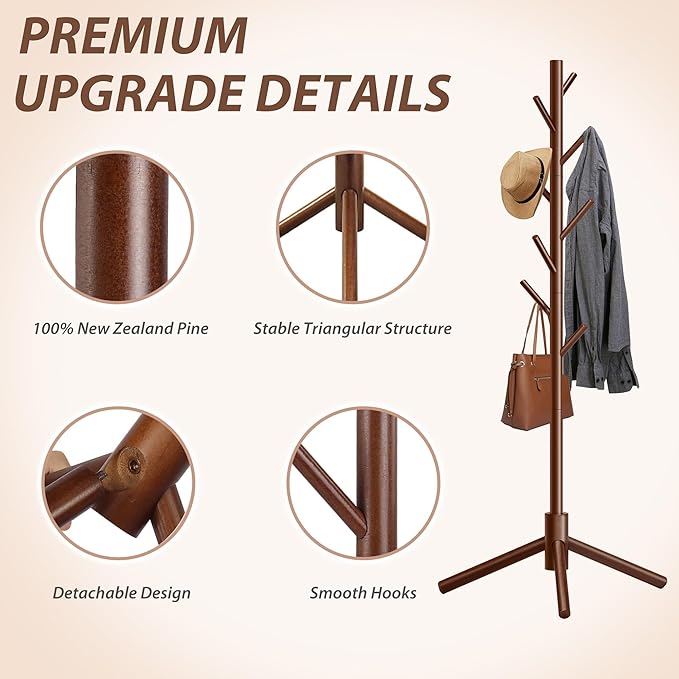 Durable Wooden Coat Rack, Freestanding Coat Rack with Stable Triangular Base, 8 Hooks & 3 Adjustable Heights, Simple Assembly for Bedroom, Hallway, Office(New Brown)-NeatNest