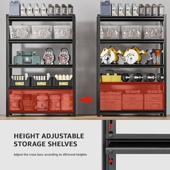 5 Tier Metal Shelving Unit 84" H x 48" W x 24" D, 3000LBS Adjustable Storage Shelves, Heavy Duty Garage Shelves for Warehouse, Basement, Kitchen, Pantry, Living Room, Black-NeatNest
