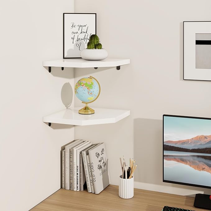 Fun Memories Corner Shelf Wall Mount Set of 2 - Solid Oak Wood Floating Corner Shelf with Cable Hole, 10in Rustic Design for Bedroom, Living Room, Kitchen (White)-NeatNest