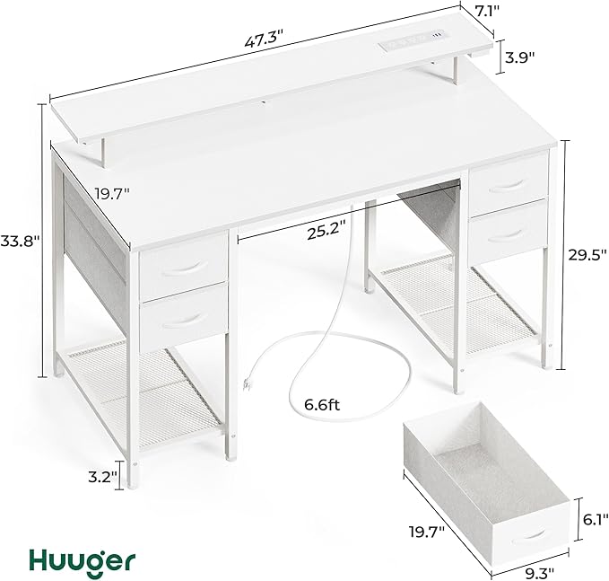 Huuger 47 inch Computer Desk with 4 Drawers, Gaming Desk with LED Lights & Power Outlets, Home Office Desk with Large Storage Space for Bedroom, Work from Home, White-NeatNest