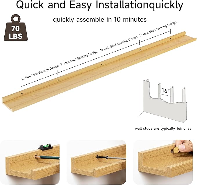 Floating Picture Ledge Shelves for Wall Set of 2, 84 Inches Picture Ledge Shelf with Long Large Nursery Book Shelf for Toys Storage Kids Bookshelf Wall Mounted Living Room Bedroom Decor Frames, Oak-NeatNest
