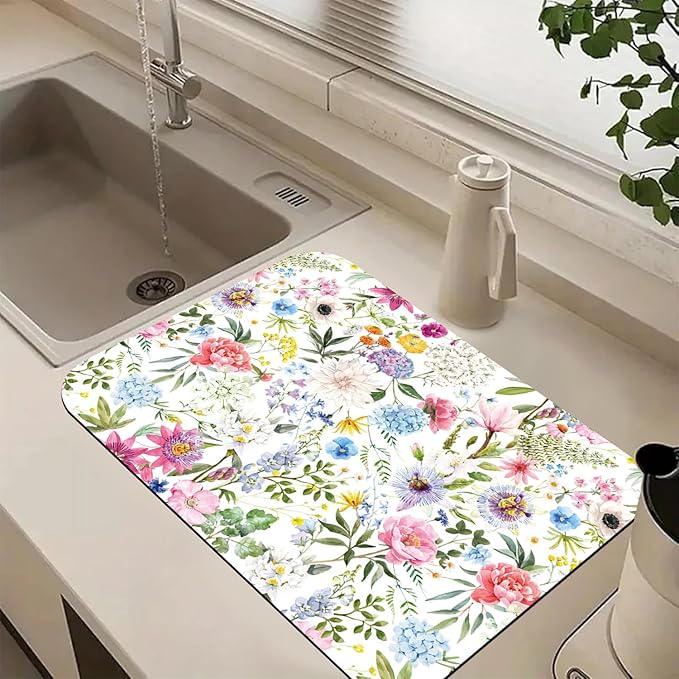 Colorful Flower Dish Drying Mats for Kitchen Counter Absorbent Fast Dry Dish Drainer Rack Mats for Dishes Utensils Pot and Pan, Kitchen Accessories 24"x16"-NeatNest