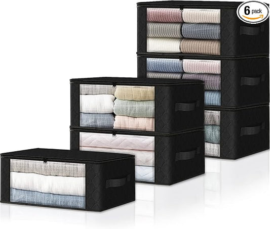 HomeHacks 6-Pack Clothes Organizer Storage Bags Foldable Storage Box with Large Clear Window Sturdy Handles for Closet, Dorm, Pillows, Bedding, Clothes, Stuffed Toys, Blankets, 35L, Black-NeatNest