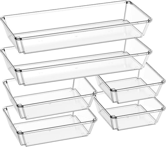 6 Pack Large Clear Plastic Drawer Organizer Trays, Desk Drawer Organizers and Storage Dividers, Non-Slip Storage Bins for Jewelry, Snacks, Office, Bathroom, Bedroom and Kitchen-NeatNest