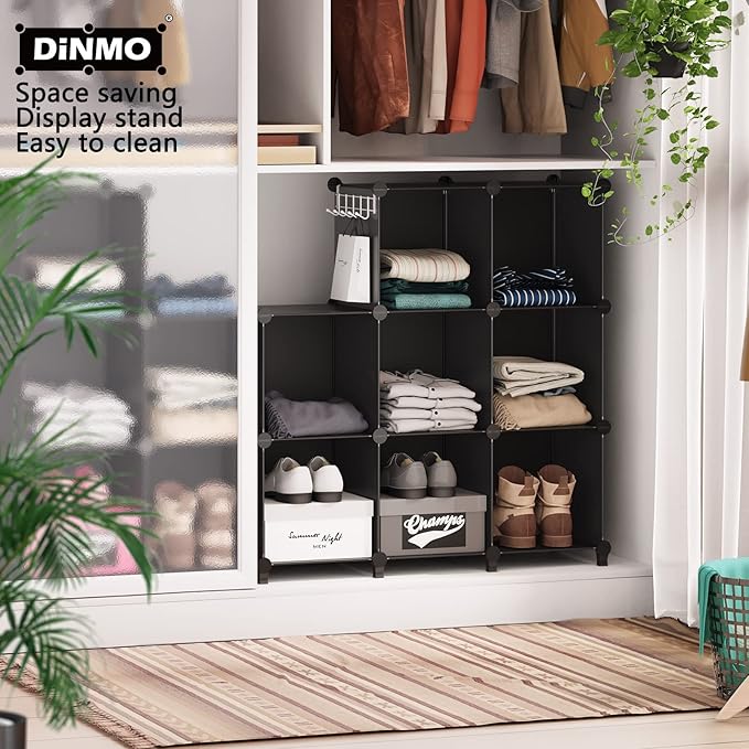 DINMO 16 Cubes Storage Organizer, Bookcase, Display Shelf with Wooden Mallet, Cabinet Storage for Kids, Adult, Office, Bedroom, Bathroom, Black