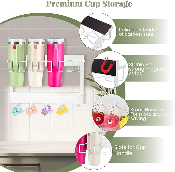 CINPIUK Water Bottle Organizer Holder, Magnetic Mug Hook Storage for Stanley & Large Tumbler, Space Saving Wall Mount Mug Organizer with 5 Hook, Easy to Install, White-NeatNest
