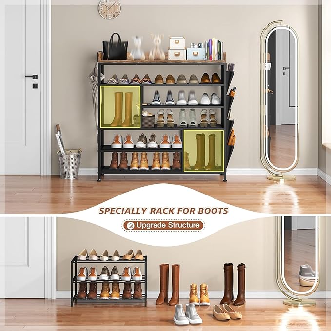 EnHomee Metal Shoe Rack for Entryway, 6 Tier Shoe Storage Organizer Holds 22 Pairs, Wooden Top and Side Pocket for Entry, Entrance, Hallway, Black-NeatNest