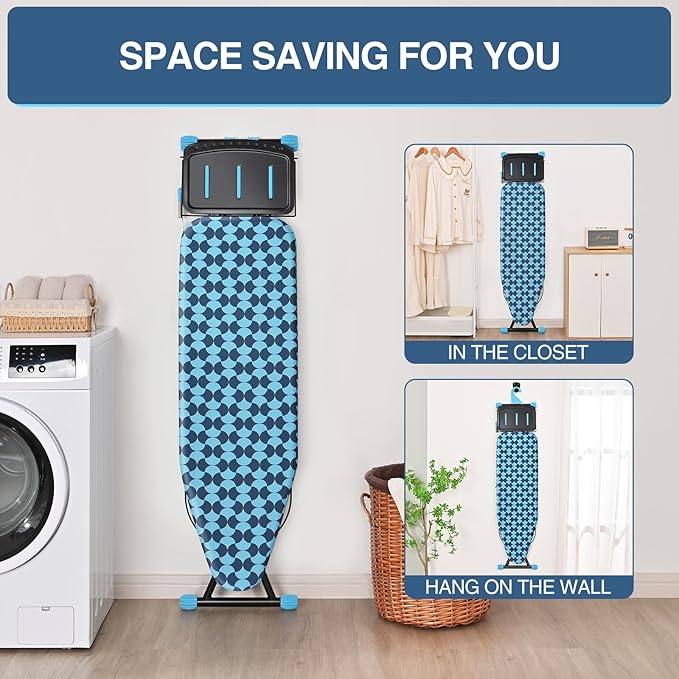 APEXCHASER Ironing Board, Foldable Iron Board with Iron Rest, Metal Panel Ironing Board, Adjustable Height Heavy Duty Irons Board with Germent Rack, Heat & Scorch Resistant Cover, 13x43 Blue