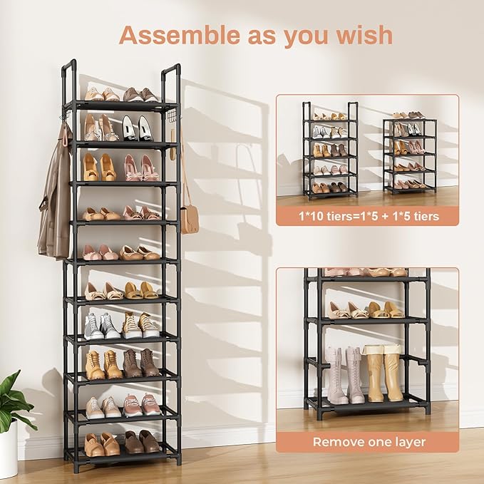 10 Tiers Shoe Rack 20-25 Pairs Large Capacity Tall Shoe Organizer Sturdy Shoe Storage with Two Hooks Metal Narrow Shoe Rack for Closet, Entryway, Bedroom, Black-NeatNest