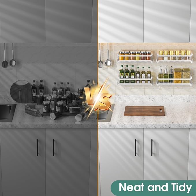 LUCYCAZ 4 Pack Wall Mounted Spice Rack with 16 Hooks, Spice Organizer Shelf for Stove Cabinet Pantry Door,Screw or Adhesive Spice Shelf Hanging Wall Spice Rack in Kitchen and RV (White, 4 PACK)
