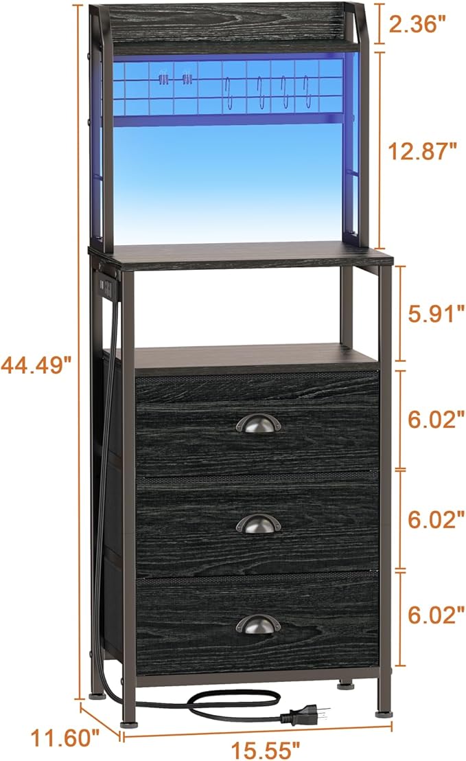 Furologee 44'' Tall Nightstand with Charging Station, Bedside Table with LED Lights, End Table with 3 Drawers and Storage Shelves, Night Stand with Pegboard for Bedroom, Black Oak
