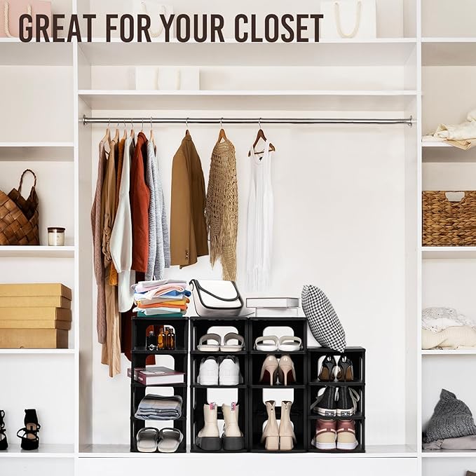 TRZZ 4-Tier Small Shoe Rack, Vertical Narrow Stackable Organizer with Removable Partition, Efficient Shoe Storage for Closet, Entryway, and Small Spaces (Black)-NeatNest