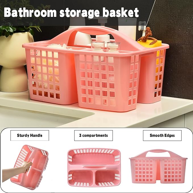 Haundry Plastic Shower Caddy Basket with 3 Compartments, Portable Divided Cleaning Supply Storage Organizer with Handle (Pink)-NeatNest