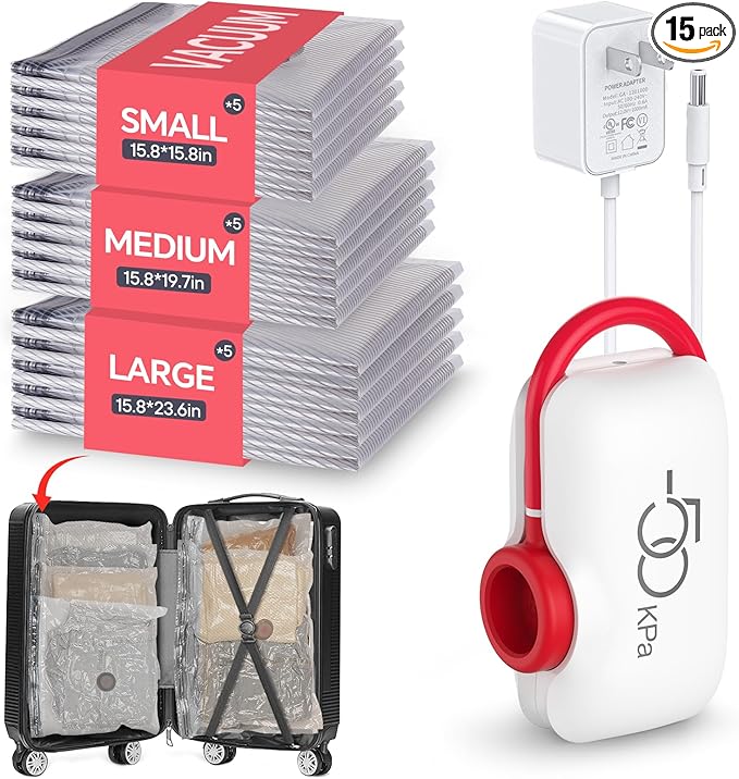 VMstr Vacuum Storage Bags With Electric Pump (D/C Powered), 15 Pack Travel Compression Sealing Bags for Clothes and Clothing Luggage Suitcase Packing, Carry-on Travel Size-NeatNest