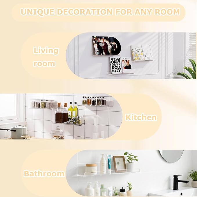 4 Pack Floating Shelves for Wall, 15" x 4" Acrylic Book Shelf for Plants, Toys, Book, Photo, Mounted Display Shelf Organizer in Bathroom, Room, Living Room Decor, Clear-NeatNest