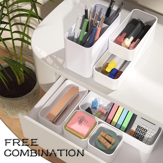 CHANCETSUI 6 PCS Stackable Drawer Organizers Set, Versatile Desk and Vanity Drawer Organizer Trays, Storage Bins for Makeup, Bathroom, Bedroom, Kitchen and Office, White-NeatNest