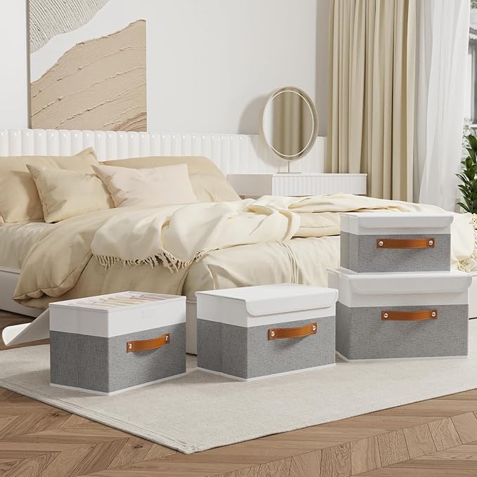 OUTBROS Large Foldable Storage Bins, Linen Fabric Box with Lid, Organiser for Shelves, Cubes For Towels, Clothes, 13 x 9.1 x 7.9 inch (White/Grey, 1-Pack)-NeatNest