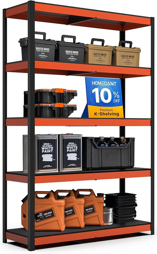 HOMEDANT House 5-Tier Orange-Black 48.1" W x 16.5" D x 71.3" H Laminated Metal Shelving Unit Adjustable Storage Utility Rack Heavy Duty Shelves Organization Shelf Kitchen Garage Pantry Closet 1Pack-NeatNest