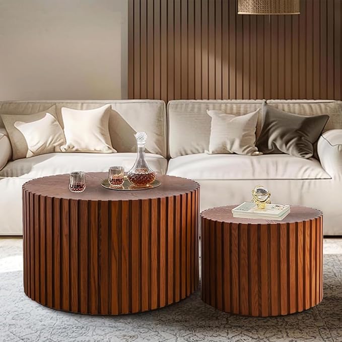 Round Nesting Coffee Table Set of 2 Circle Nested Coffee Tables Modern Fluted Coffee Table Set of 2 Wooden Drum End Side Tables for Living Room Bedroom Small Spaces (Brown Small)