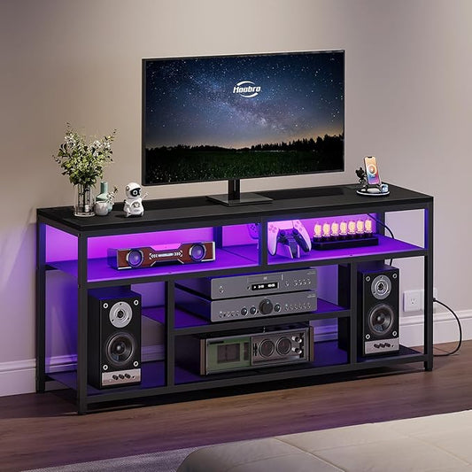 HOOBRO LED TV Stand with Charging Station, 4-Tier Entertainment Gaming Center, Modern Media Console Table, Open Shelves, 55.1"L x 13.8"W x 26.2"H, for TVs up to 65", for Living Room, Black BB47UDDS01-NeatNest