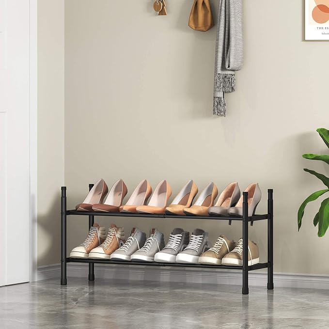 TZAMLI 2-Tier Shoe Rack for Closet, Expandable and Stackable Shoe Organizer Adjustable Metal Shoe Storage Small Shoe Shelf for Entryway Entrance, Black-NeatNest