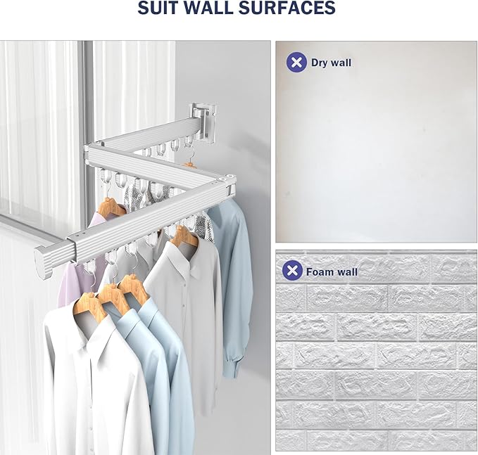 Clothes Drying Rack, Wall Mounted Clothes Hanger Rack Collapsible(Tri-Fold), Space Saver Clothes Rack for Laundry Balcony Mudroom Bedroom,White