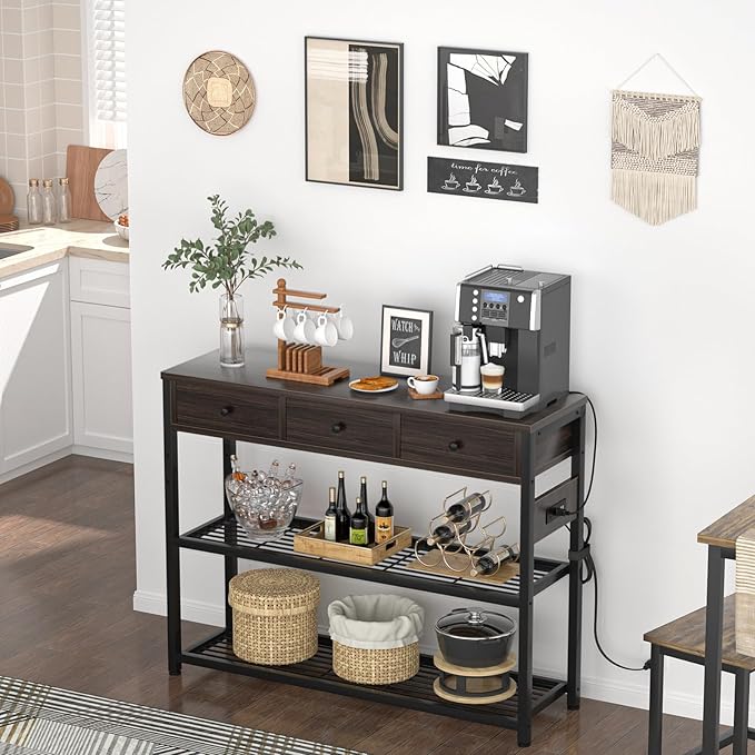 Ecoprsio 47'' Entryway Table with Outlets and USB Ports, Console Table with 3 Drawers, Sofa Table Narrow Long with Storage Shelves for Living Room, Couch, Hallway, Foyer, Black Walnut Finish-NeatNest